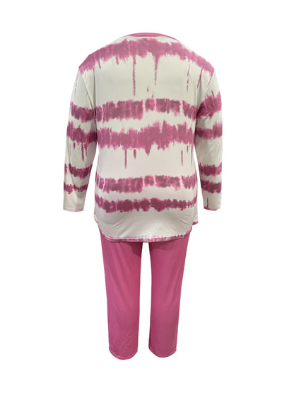 Plus Size - Plus-size Fashion Tie-dye Striped Print Long-sleeved Trousers Suit, Suitable For Going Out