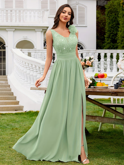 24451A Elegant Womens Mesh Deep V Neck Sequin Lace Maxi Dress, Sleeveless Applique Shoulder, Back V Neck, Ruched A Line Waist, High Thigh Slit Hem, Perfect For Formal Wedding Guest, Prom, Bridesmaid Party, Graduation Season, Wedding Season