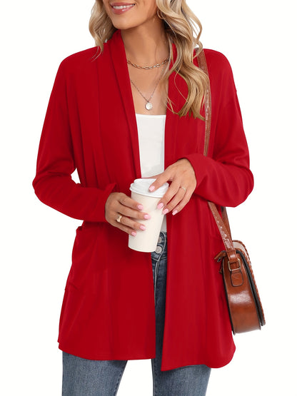 Spring And Autumn Women'S New Casual Solid Color Open Placket Double Pocket Design Simple Cardigan Jacket Comfortable Loose Long Sleeve Cardigan