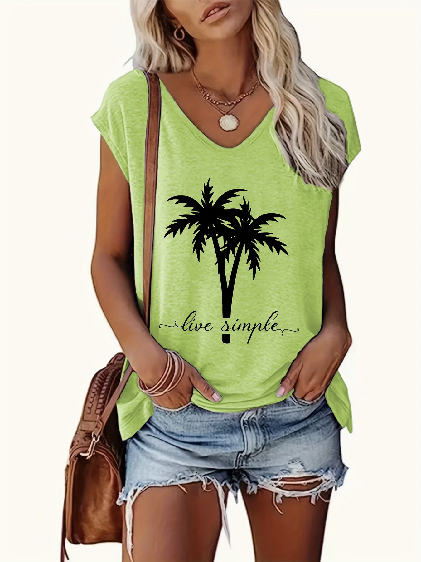 Loose Fit V-neck Short Sleeve T-shirt, Geometric Palm Tree Design- Summer Casual Top, Machine Washable