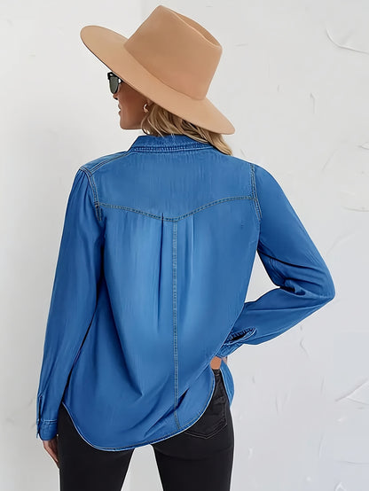 Denim Shirt Women's, Casual Jeans Western Style, Long Sleeved Button Up Top