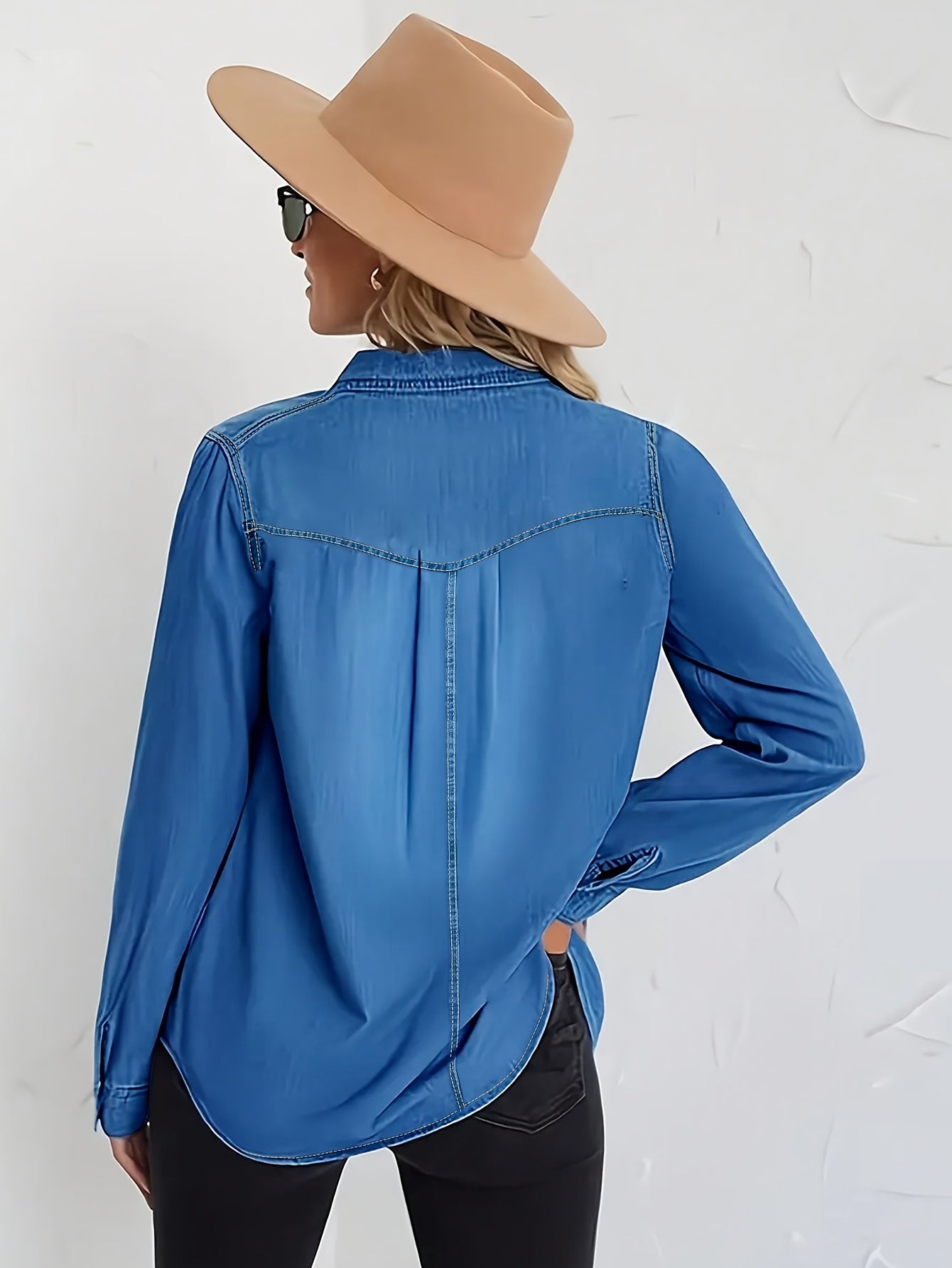 Denim Shirt Women's, Casual Jeans Western Style, Long Sleeved Button Up Top