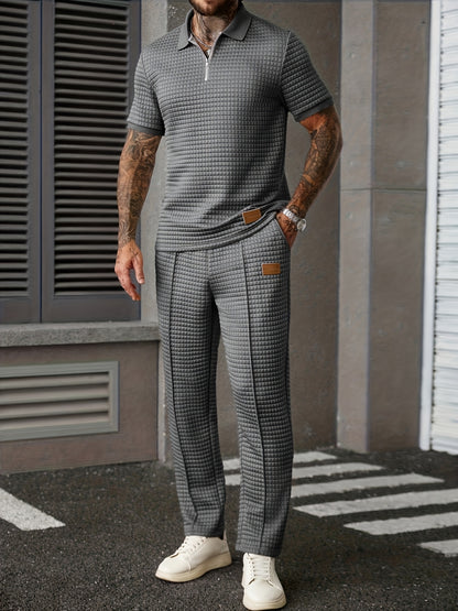 2pcs Men's Summer Commuter Casual Suit: Textured Fabric Half-zip Shirt Paired with Stitched Front Trousers, 2pcs Menswear, Vintage Style, Comfortable Fit.