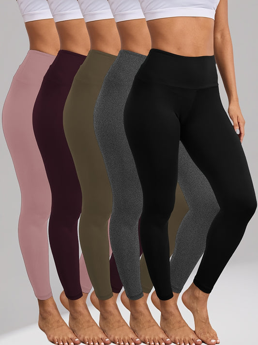 5 Pack Women'S High Waisted Tummy Control Leggings - Super Soft 4-Way Stretch Workout Yoga Running Pants, Full-Length Non-Sheer Gym Leggings with Full Coverage, All-Season Comfort in 5 Colors (Pink, Brown, Black, Navy, White) - Snug Fit for Gym, Yoga & Ca