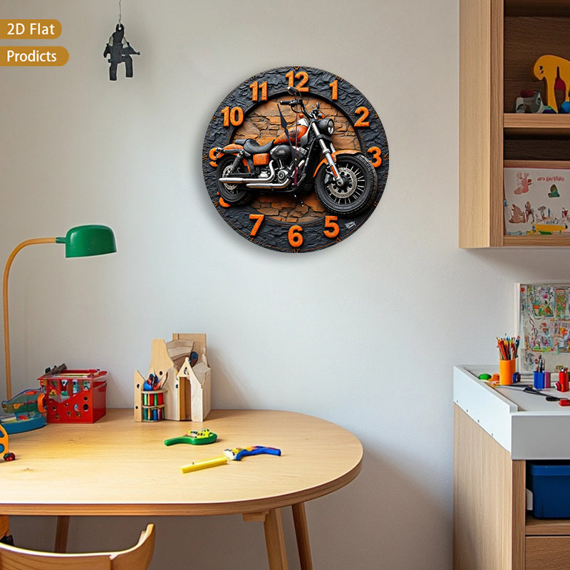 2D Flat 1pc 12inch Motorcycle Design Wooden Nursery Wall Clock Silent Non-Ticking Perfect For Kitchen, Bedroom, Office, Living Room, Battery-Powered(1 AA Required, Not Inclu Ded)