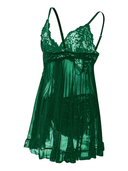 Big Size Sultry Valentine Lace Sleepwear Dress Set - Exquisite Lace, Flattering V-Neckline, Daring Backless Design, Delicate Ruffle Trim, Trendy Split Hem, Seductive Thong Detail, Ultra-Comfortable Fabric, Perfect For Romantic Night, Anniversary Gift