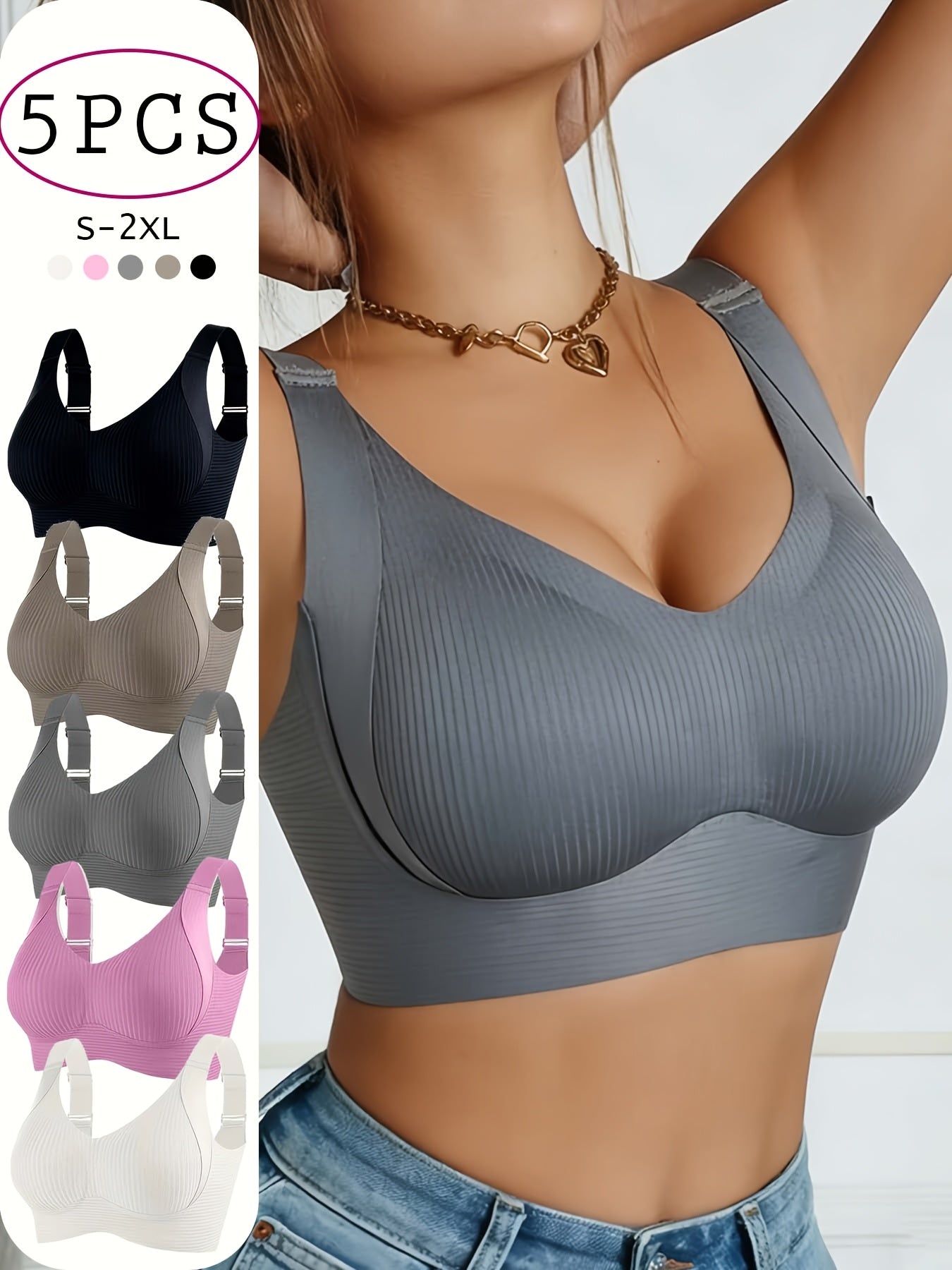 5pcs Ribbed Wireless Bra - High Elastic, Breathable & Strong Support | Comfortable No-Squeeze for Daily Wear, Yoga & Gym Workouts