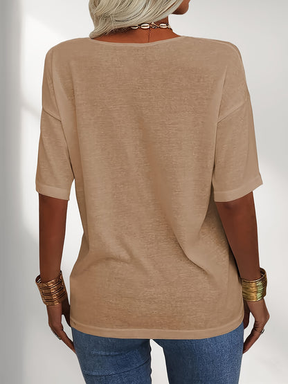 Women Fashion V-Neck Half Sleeves Oversized T Shirt Solid Casual Loose Basic Tops