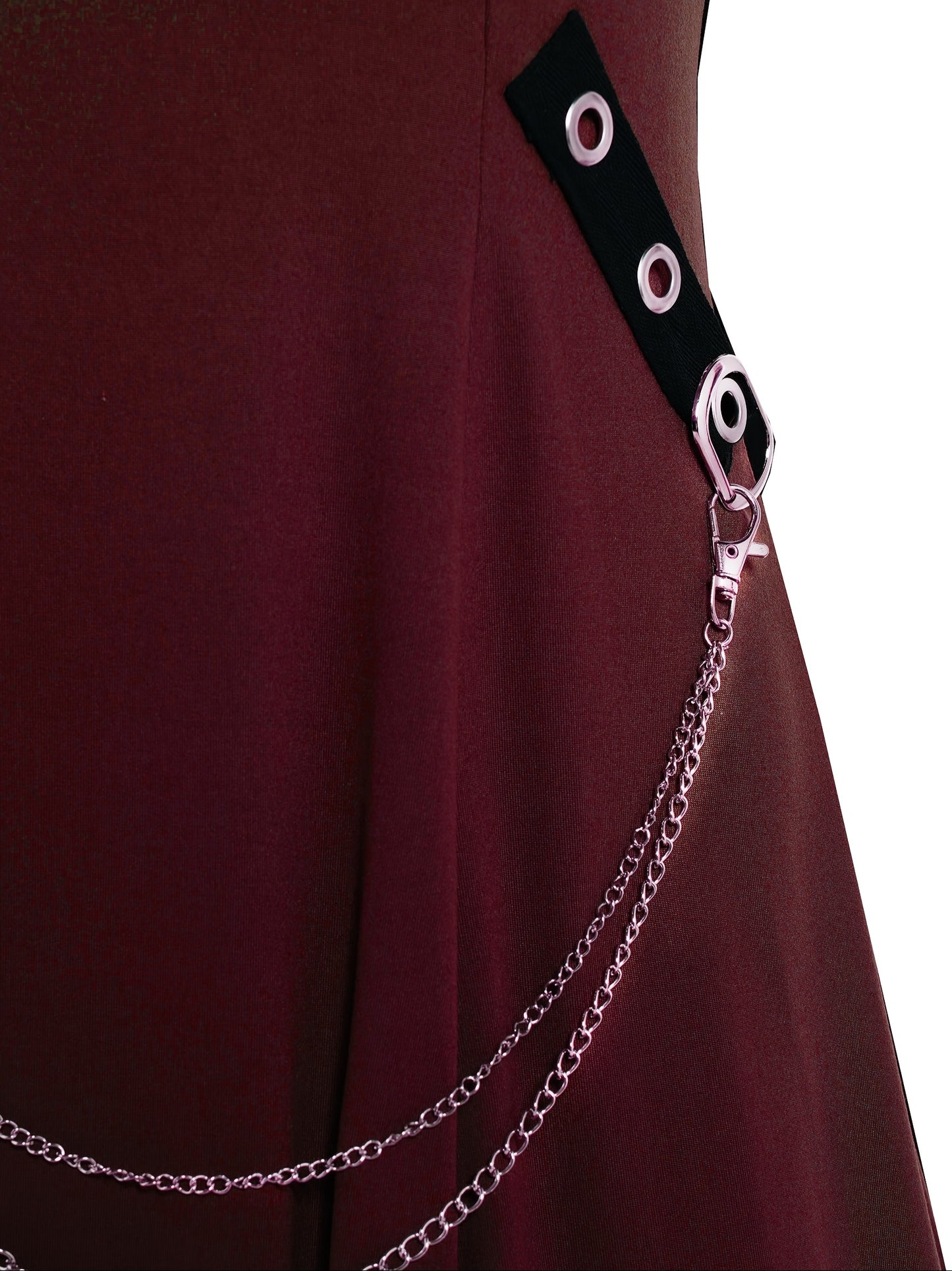 Rock Gothic Metal Piece Decorated V-Neck Vest Dress with Hooded Long Sleeve Top Two-Piece Set, Unique Gothic Style Detachable Chain Vest Skirt and Curved Hem Caped Long Sleeve Shirt, Versatile Separates Women's Outfit for Party and Casual Wear