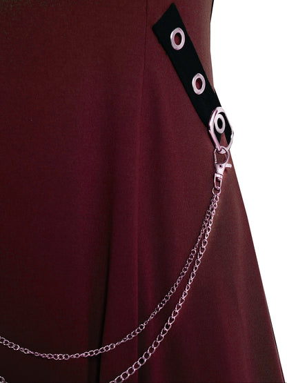 Rock Gothic Metal Piece Decorated V-Neck Vest Dress with Hooded Long Sleeve Top Two-Piece Set, Unique Gothic Style Detachable Chain Vest Skirt and Curved Hem Caped Long Sleeve Shirt, Versatile Separates Women's Outfit for Party and Casual Wear