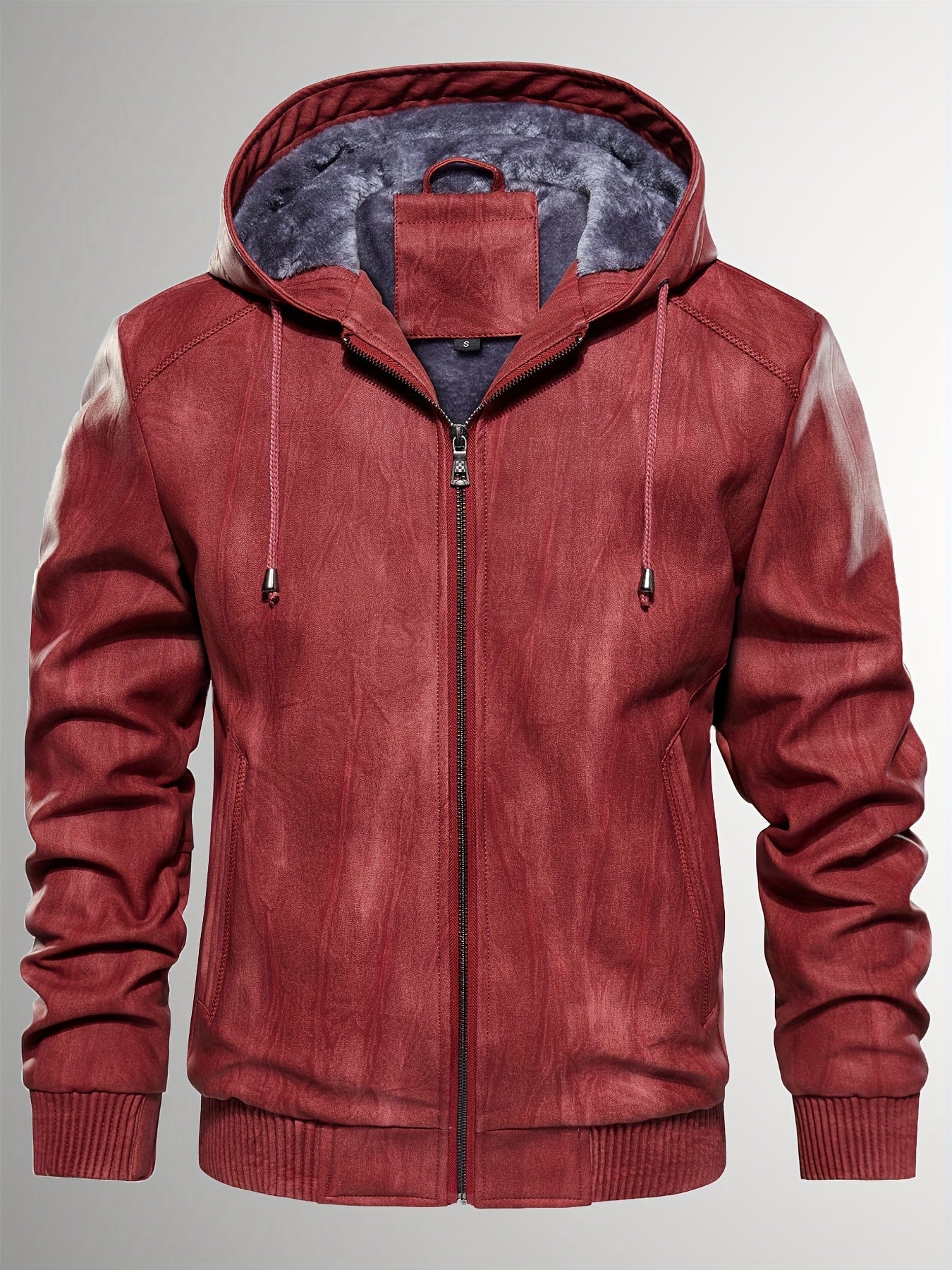 Men's Sherpa Lined PU Leather Jacket Warm Winter Hooded Motorcycle Jacket High Quality And Windproof Leather Biker Jacket Drawstring