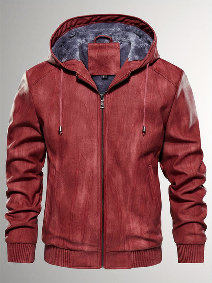 Men's Sherpa Lined PU Leather Jacket Warm Winter Hooded Motorcycle Jacket High Quality And Windproof Leather Biker Jacket Drawstring