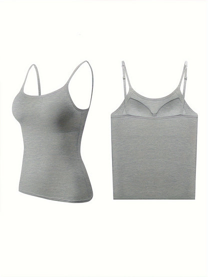3pcs Pack Women'S Camisole Tank Tops with Built-In Bra, Seamless Design, Adjustable Straps, Layering Basics, Suitable for Spring, Autumn & Summer Outerwear Solid Colors, Layering And Outerwear
