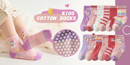 12 Pairs Of Youngsters Girls Youngsters Grips Socks Youngsters Non Slip/Anti Skid Unicorn Striped Crew Cotton Gift Socks