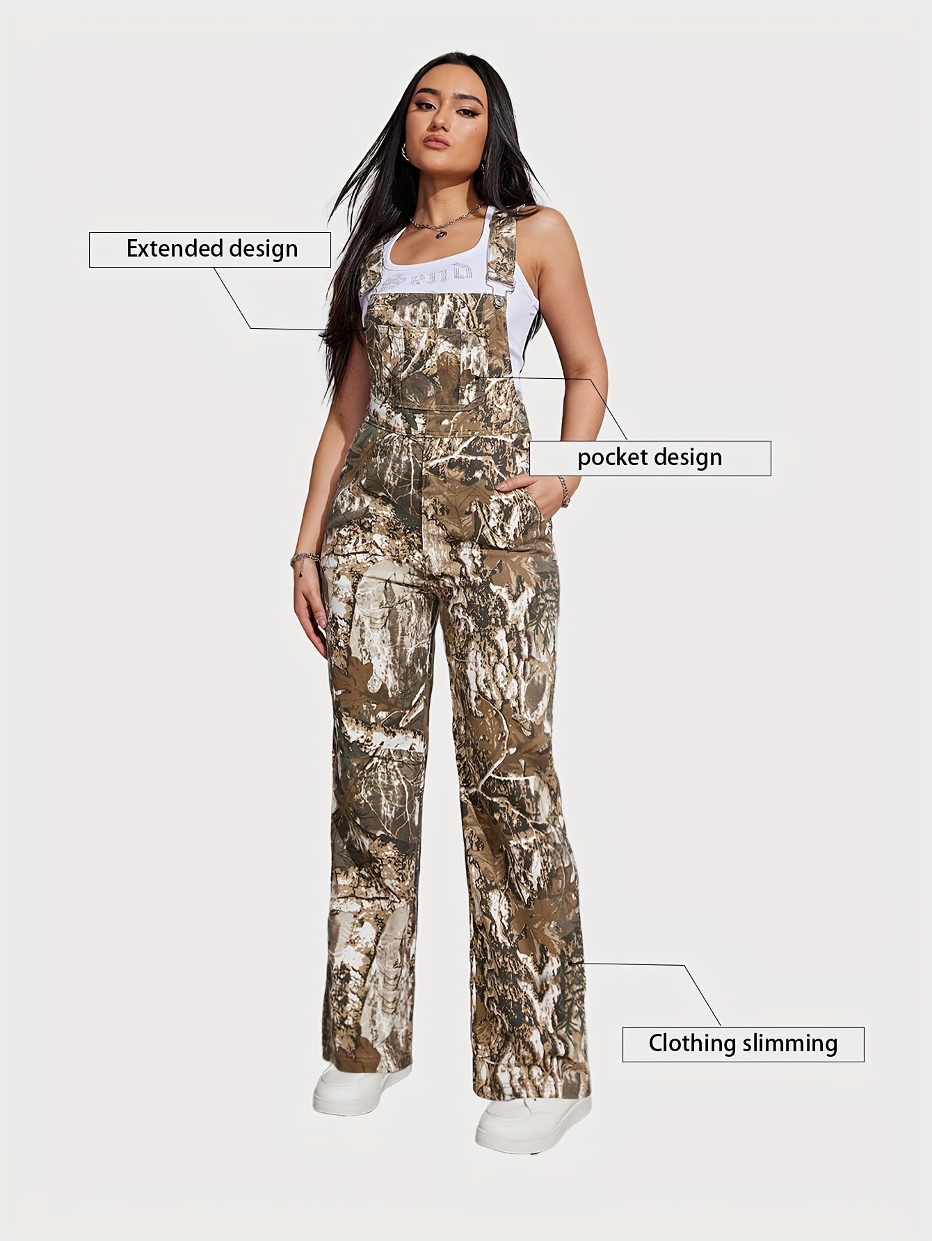 Adjustable-Length Camouflage Cargo Overalls for Women, Featuring a Trendy Design for Spring And Autumn, with Pockets And No Stretch