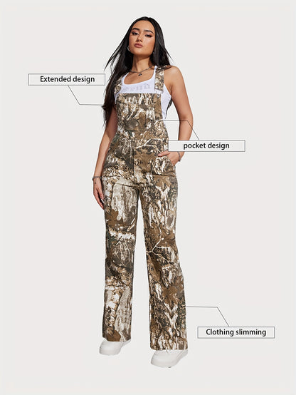 Adjustable-Length Camouflage Cargo Overalls for Women, Featuring a Trendy Design for Spring And Autumn, with Pockets And No Stretch