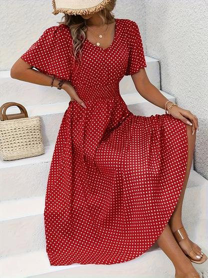 Stylish Pink Polka Dot Midi Dress for Ladies - Casual V-Neck, Ruffled Sleeves, Fitted Waist Design, Made from Lightweight, Ideal for Spring And Summer, Machine Washable