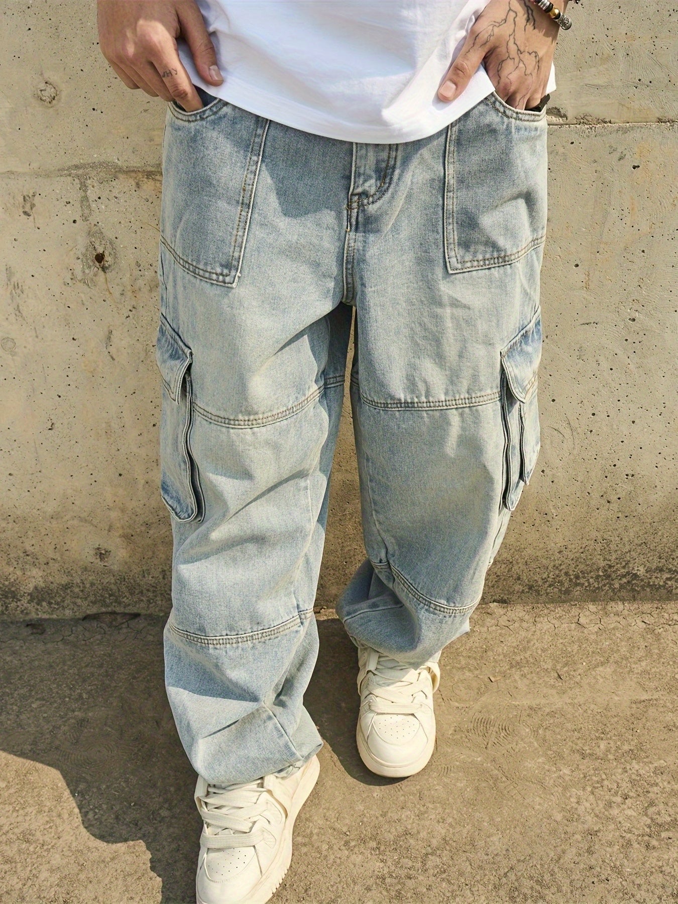 American Retro Washed Distressed Multi Pocket Workwear Youth Jeans Men'S Loose Wide Leg Floor Length Pants Trendy