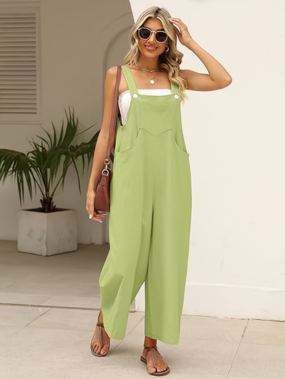 Women's Loose Fit Cotton-Linen Overalls Jumpsuit - Adjustable Strap Wide Leg Romper Pants with Zipper Closure, Non-See-Through Lightweight One-Piece Outfit for Women, Casual to Formal Events (Spring/Fall/Summer) - Everyday & Formal Wear, Ladies Rompers An