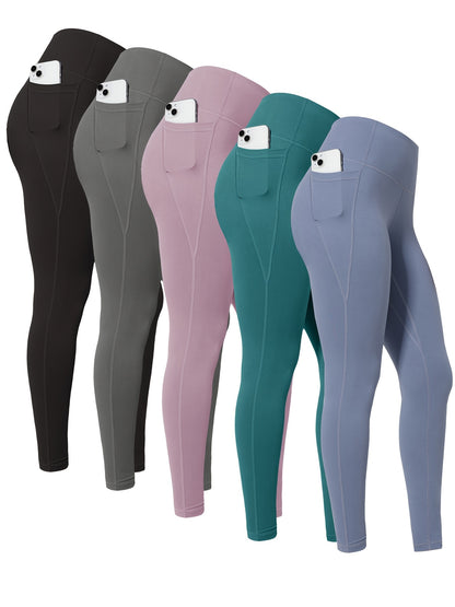 5pcs Women' High Waisted Cropped Leggings with Pockets - Full-Length Suitable for & Casual Attire, Non-Sheer Tummy Pants, Machine Washable Stretchy Base Layer for,, Layering (Year-Round)