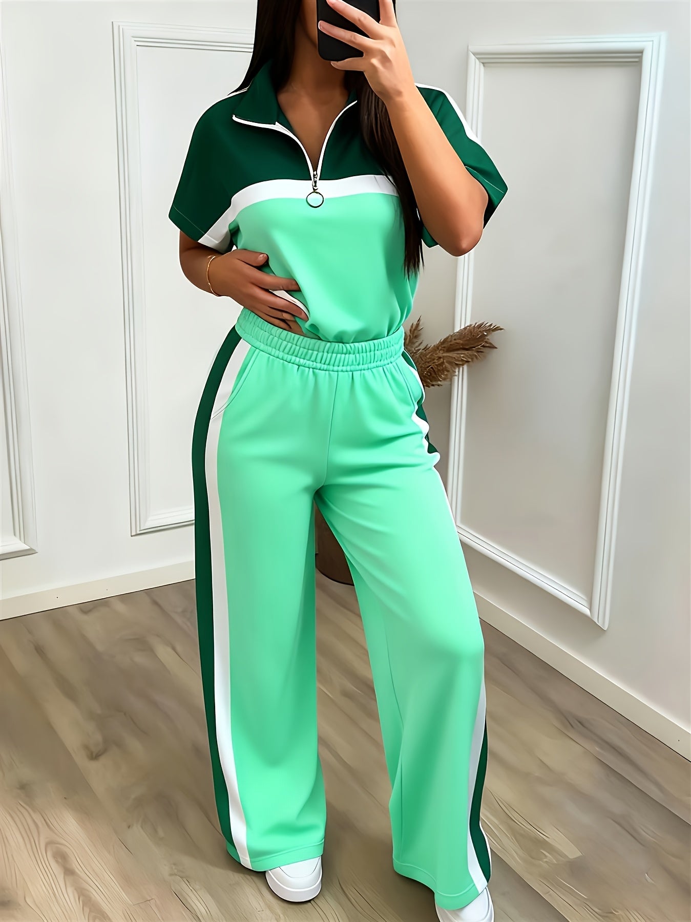 Women'S Casual Sporty Color-blocked Half-zip Stand-up Collar Mid-sleeve Sports Top + High-waisted Wide-leg Side Striped Sports Pants