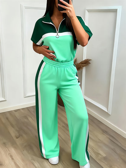 Women'S Casual Sporty Color-blocked Half-zip Stand-up Collar Mid-sleeve Sports Top + High-waisted Wide-leg Side Striped Sports Pants