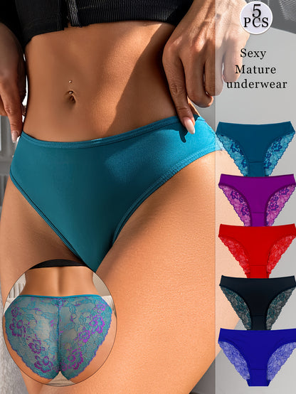5pcs Ladies Sexy Lace Underwear, Translucent Fashion Elegant Mature Low Waist Panties, Romantic Dating Erotic Brief, Comfortable Soft Breathable Yoga Panties
