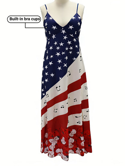 Women's Patriotic Maxi Dress - A-Line Silhouette, Suitable for Vacation, Leisure & Beach Outings, Loose Fit, National Flag Pattern, Sleeveless, V-Neck, Red National Flag Design with Built-In Cups