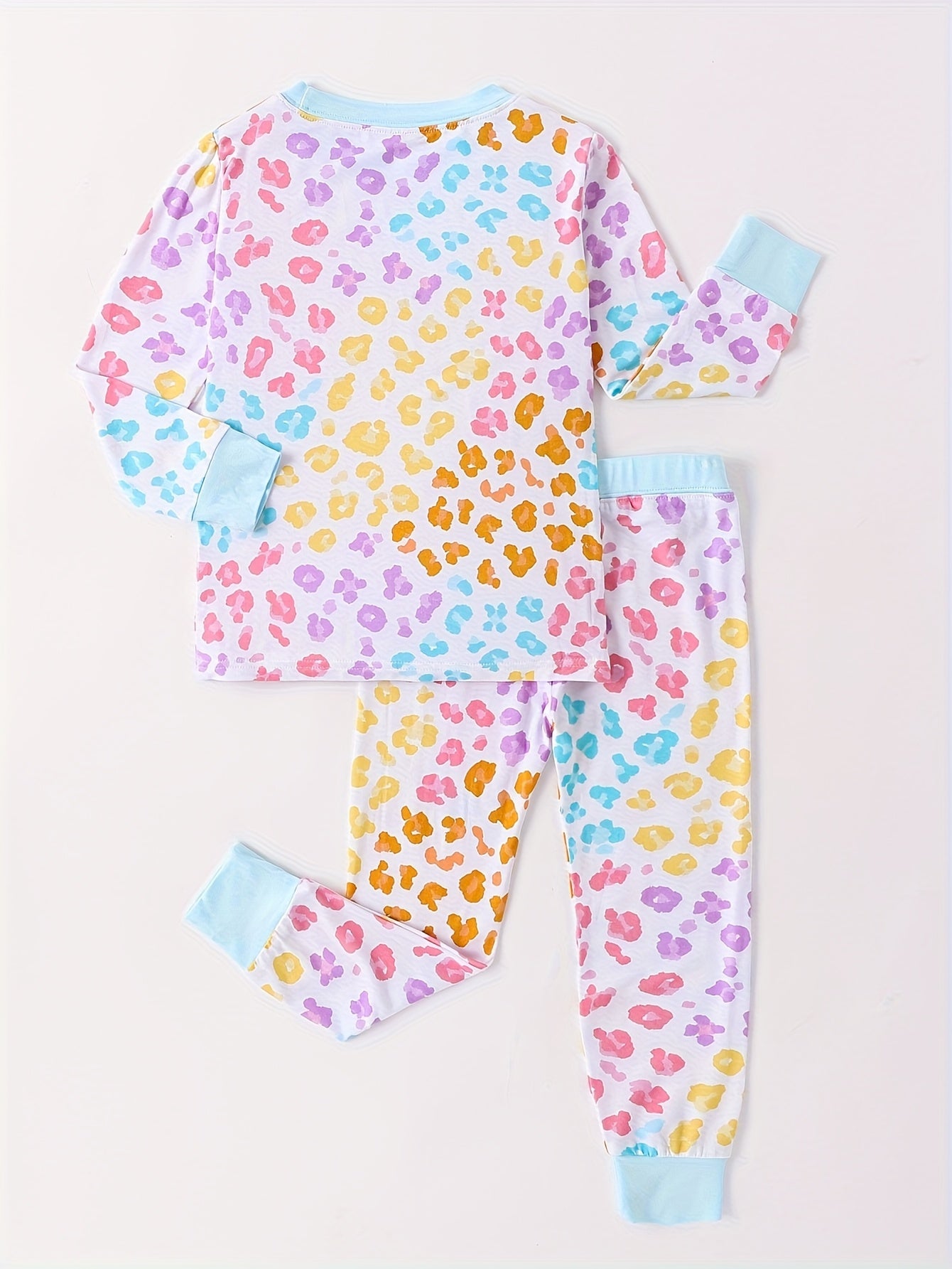 JUNBLEBABY Bamboo Fiber Skinny Pajama Set - Brown Leopard Print Long Sleeve And Pants, Stretchy Viscose Blend, Crew Neck, Casual Style for Youngsters