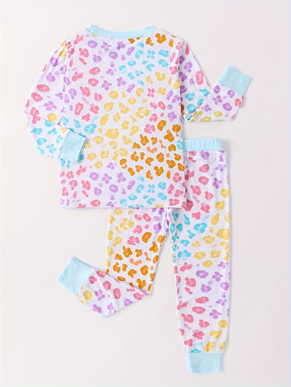 JUNBLEBABY Bamboo Fiber Skinny Pajama Set - Brown Leopard Print Long Sleeve And Pants, Stretchy Viscose Blend, Crew Neck, Casual Style for Youngsters