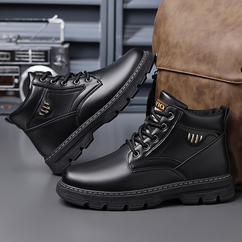 Men's Mid-Top Work Boots - Lace-Up Design, Durable Upper, Decorative Metal Accent, Non-Slip Lug Sole, Footwear for Work & Outdoor Activities