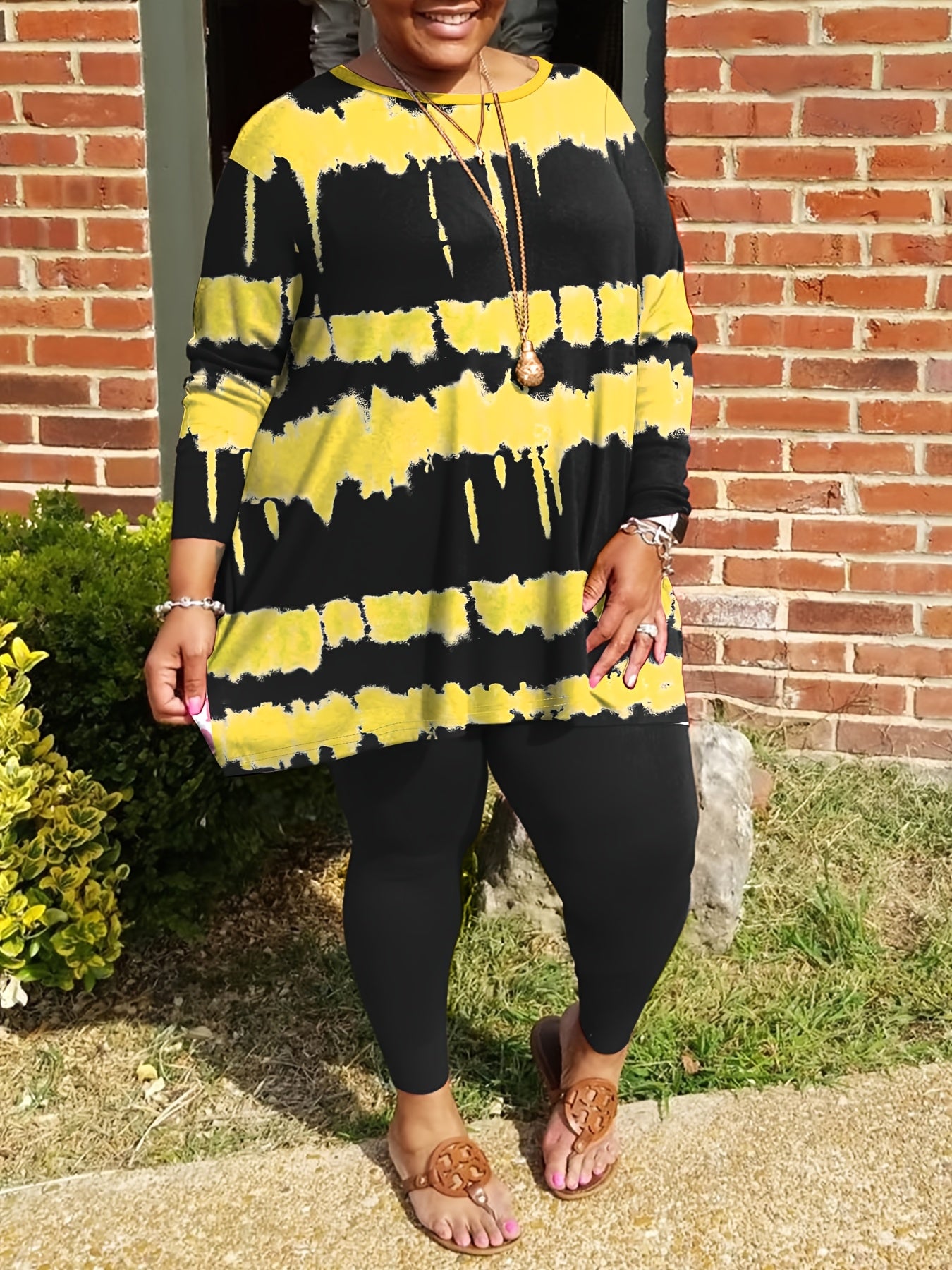 Plus Size - Plus-size Fashion Tie-dye Striped Print Long-sleeved Trousers Suit, Suitable For Going Out