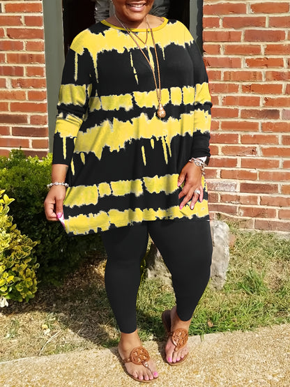 Plus Size - Plus-size Fashion Tie-dye Striped Print Long-sleeved Trousers Suit, Suitable For Going Out