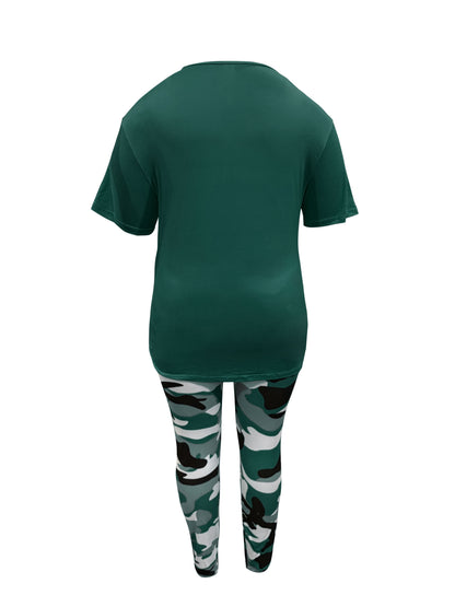 Plus Size - LADIES' Plus Size Daily Fashion Casual Set: Letter Print Crew Neck Short Sleeve T-shirt + Camouflage Long Pants With Pockets