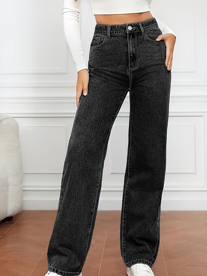 Light Blue Denim Zip Closure Straight Denim Trousers, High-waisted Street, Minimalist Design, Casual And Versatile, Loose Four-season Plus Size Jeans
