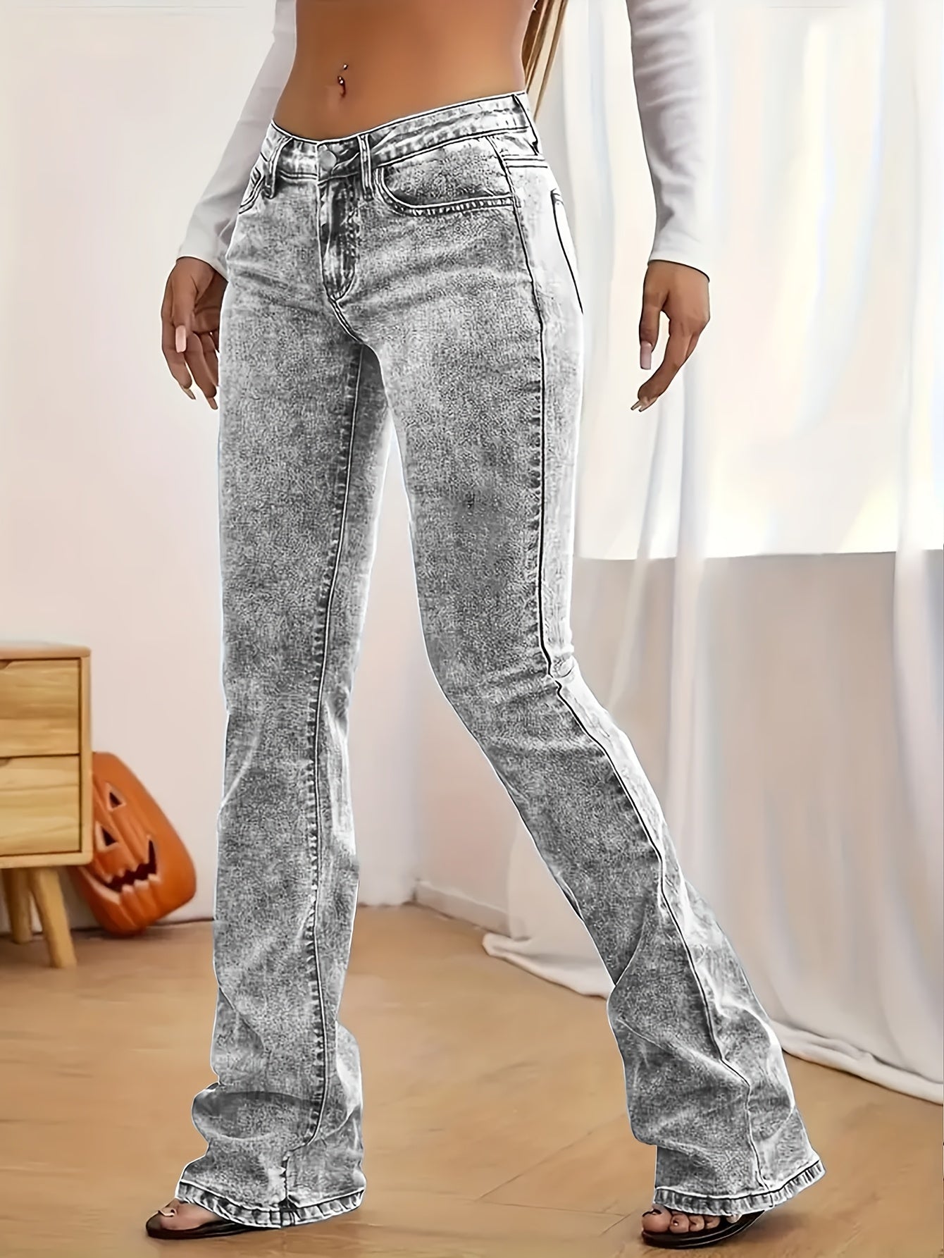 2026 NEW [Long Length Skinny Flare Jeans] Women'S Casual Skinny Flare Jeans, Long Length, Low Waist, Button Fly, Medium Stretch, All Seasons, Solid Color