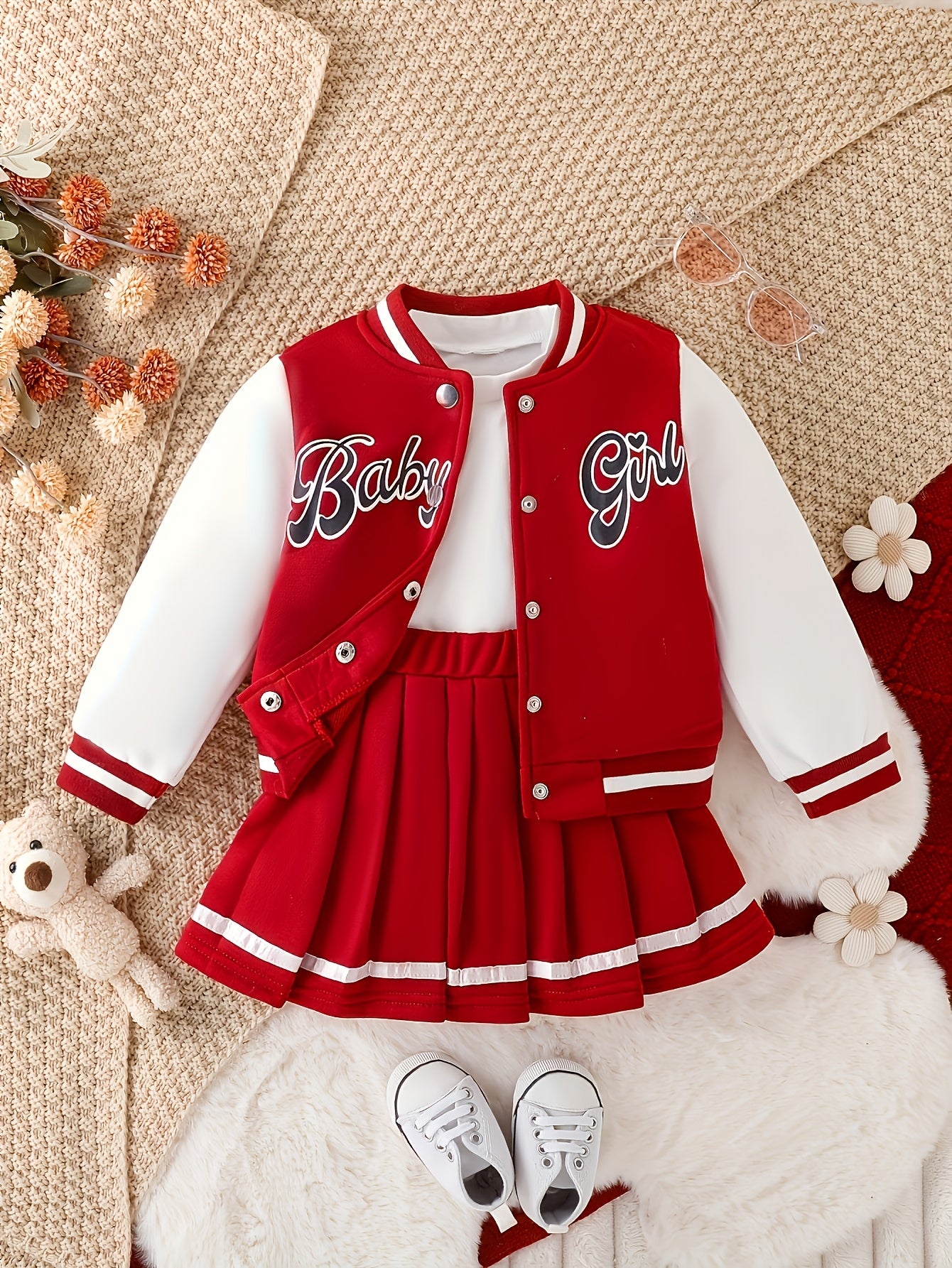Preppy Style Girls 2pcs GIRL Print Baseball Jacket + Pleated Skirt Set For Party Sports Gift, for Outdoor