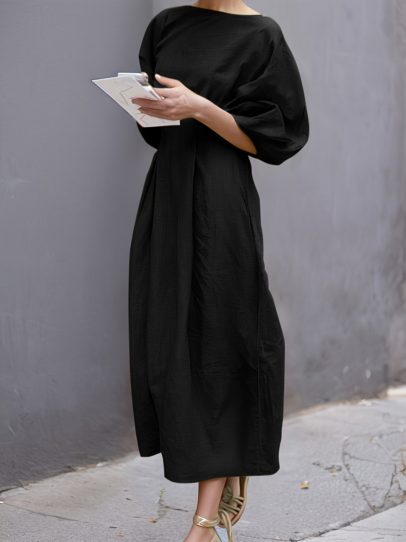 [Linen Puff Sleeve Dress] Summer Loose Linen Dress Solid Color Round Neck Puff Sleeves Casual Streetwear High Waist Midi Dresses