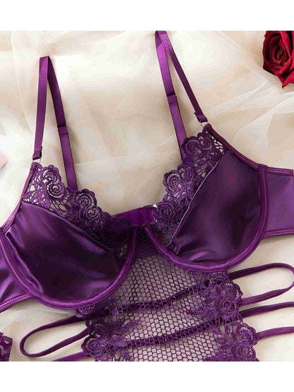 3pcs Sexy Semi-Sheer Lace Mesh Satin Lingerie Set with Garter Belt for Women, Contrast Lace Garter Bustier Bodysuit, Adjustable Strap Babydoll Corset with Stockings, Halloween Roleplay Costume, Hot Outfit Party Clothing Seductive Intimate Apparel Underwea