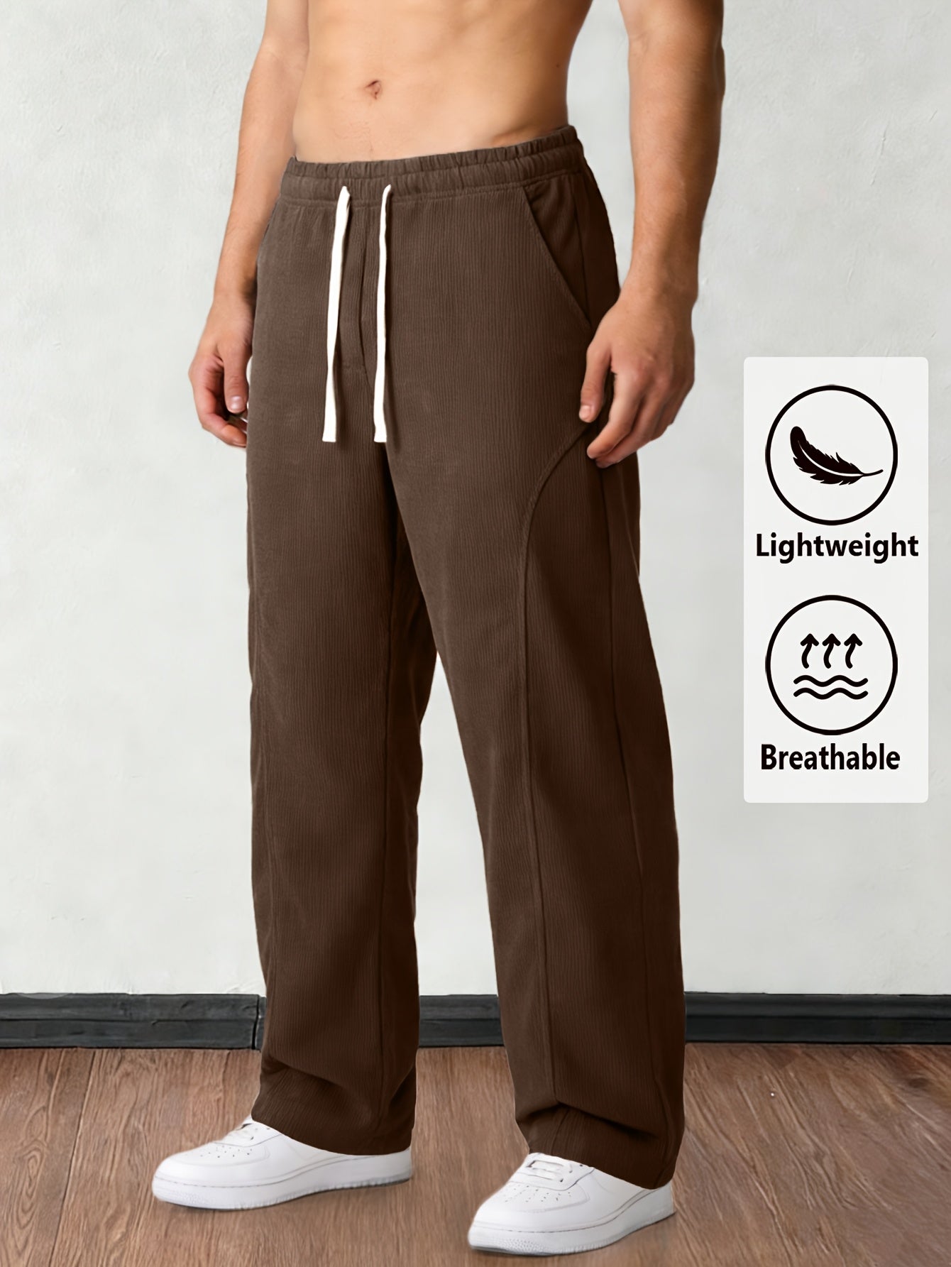 Men'S Solid Corduroy Straight Pants, Retro Pocket And Drawstring Waist, Breathable All-Season Trousers, Casual Daily And Workwear, Machine Washable, Comfortable Straight Fit Pants for Daily Activities