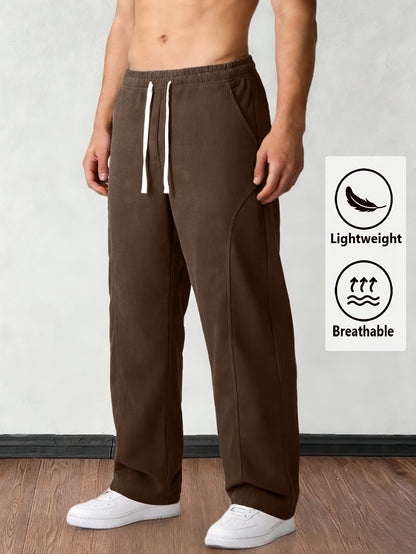 Men'S Solid Corduroy Straight Pants, Retro Pocket And Drawstring Waist, Breathable All-Season Trousers, Casual Daily And Workwear, Machine Washable, Comfortable Straight Fit Pants for Daily Activities