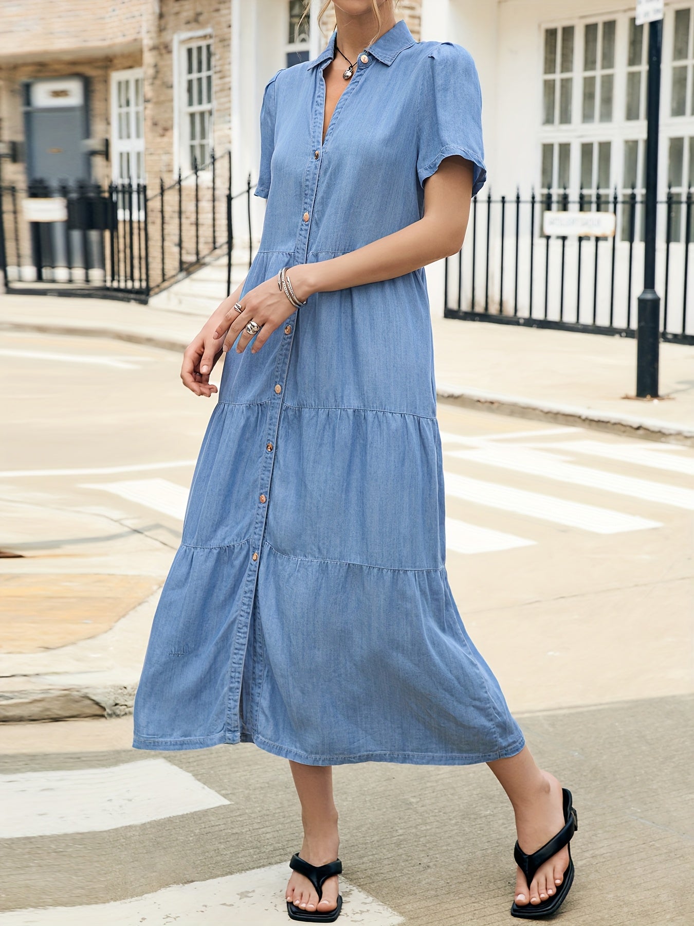 Women'S Light Blue Lyocell Denim Dress - Elegant V-Neck Short Sleeve Multi-Tiered Ruffled Hem Casual Vacation Dress, Machine Washable Regular Fit All-Season Wear