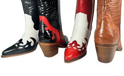 ARiderGirl Pamela Women's Western Cowboy Knee-High Boots Crocodile Printed Chunky Stacked Heel Pointed Toe Boots
