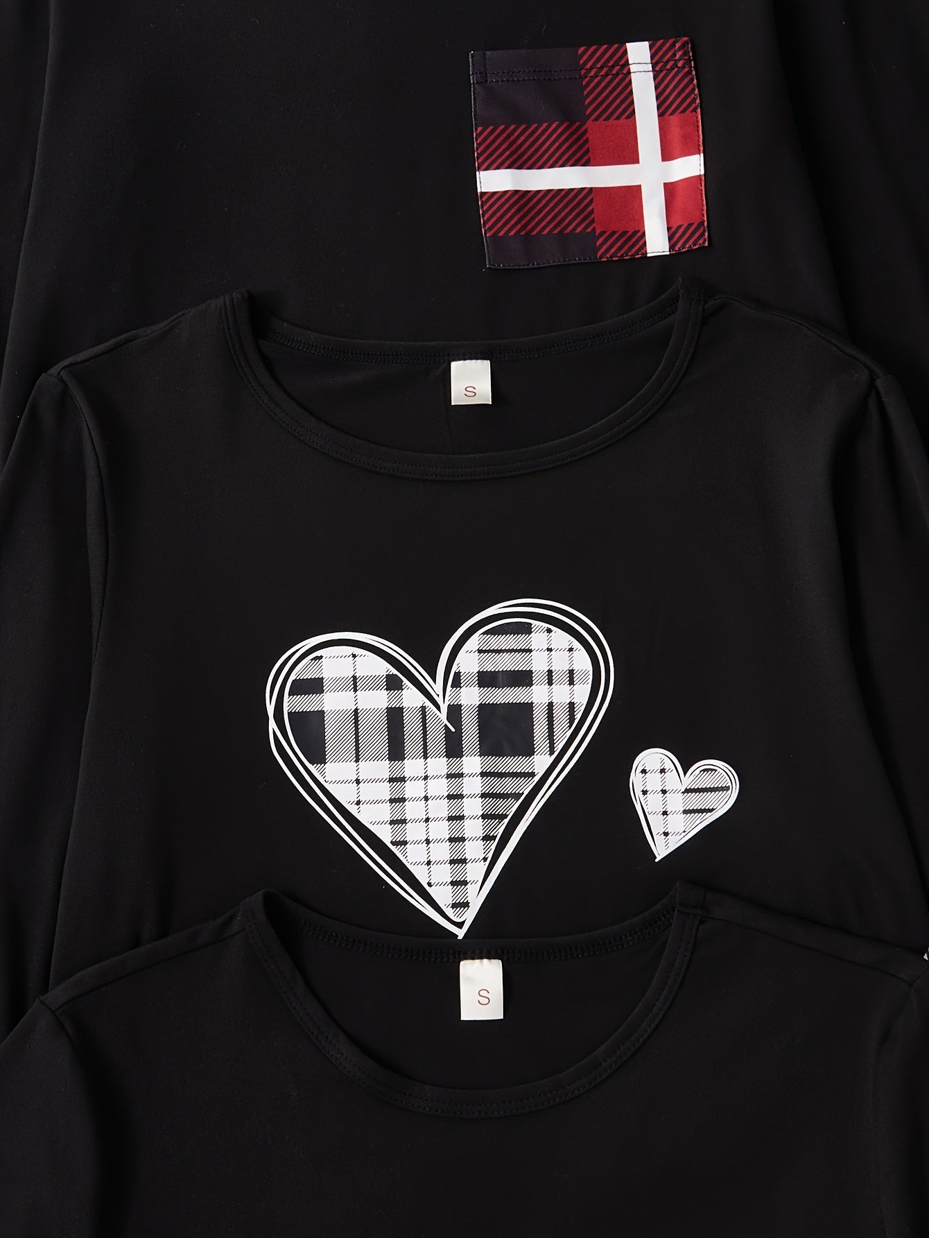 A Six-Piece Set of New Casual Home Wear for Women with Heart-Shaped Printed Pockets, Long-Sleeved And Short-Sleeved Tops, Checked Trousers And Pajama Sets