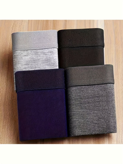 4pcs Men's Cotton Boxer Briefs - Breathable Stretch Comfort Waistband, Mid-Stretch Fabric, Solid Colors (Black/Navy/Gray/Blue) for Casual & Athletic Wear