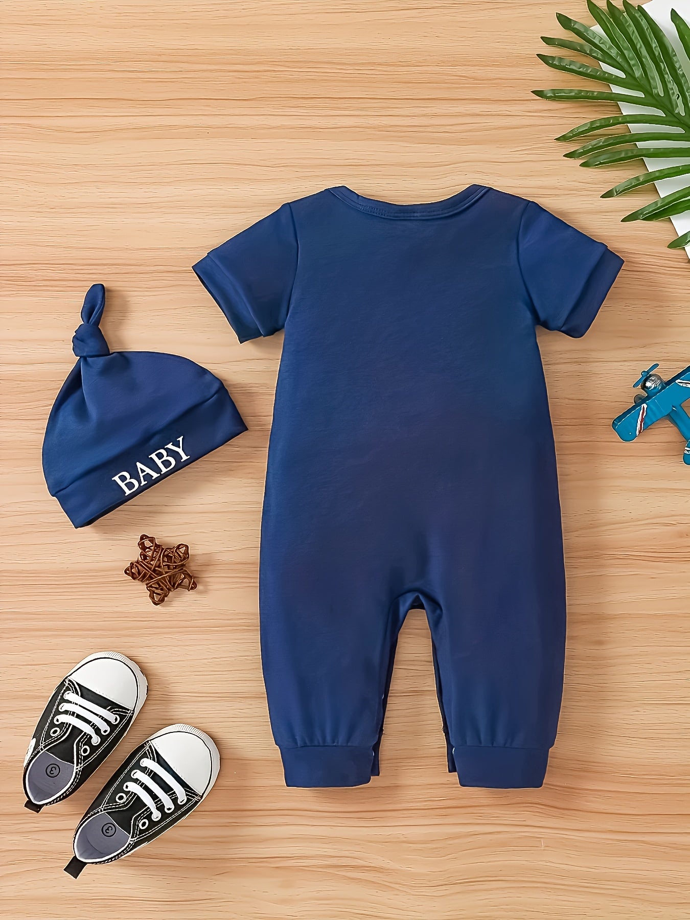 Set of 2 for Baby Boys Featuring a Stylish Little Brother Print, Includes a Short-Sleeve Jumpsuit And a Hat, Perfect for Summer, for Outdoor