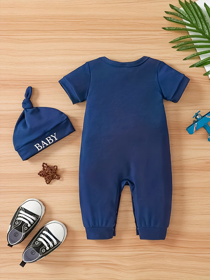 Set of 2 for Baby Boys Featuring a Stylish Little Brother Print, Includes a Short-Sleeve Jumpsuit And a Hat, Perfect for Summer, for Outdoor