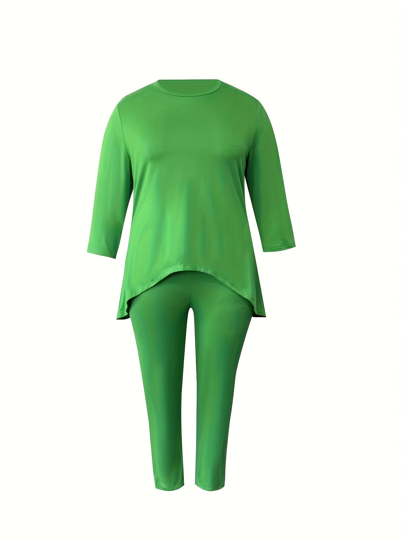 Plus Size - Plus Size Two-piece Set, Solid Color Round Neck 7-inch Sleeve Top And Pants Set, Women'S Two-piece Set
