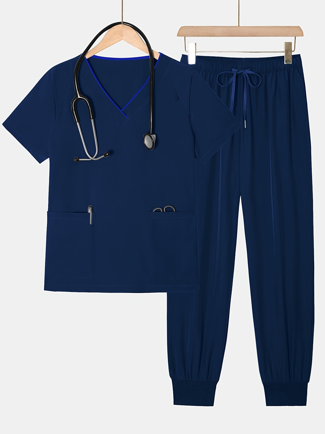 2pcs Set Of Top And Pants, Women's V-neck Frosted Breathable Pocket S Uniform, Brushed Hand Clothes, Work Clothes, Hand Washing Clothes, Pocket Clothes, Leg Binding Pants Set