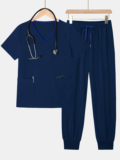 2pcs Set Of Top And Pants, Women's V-neck Frosted Breathable Pocket S Uniform, Brushed Hand Clothes, Work Clothes, Hand Washing Clothes, Pocket Clothes, Leg Binding Pants Set